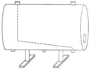 Horizontal hot water cylinder diagram showing typical layout, support craddles and route of boiler heat exchanger