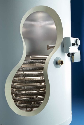 Cut away view of the Stainless Lite unvented hot water cylinder showing the unique finned heat exchanger